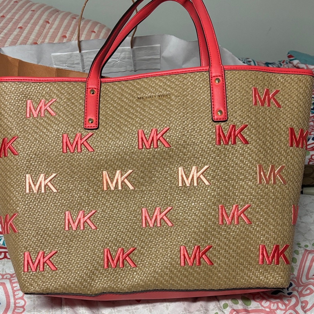 Michael Kors Coral and Tan Tote Bag